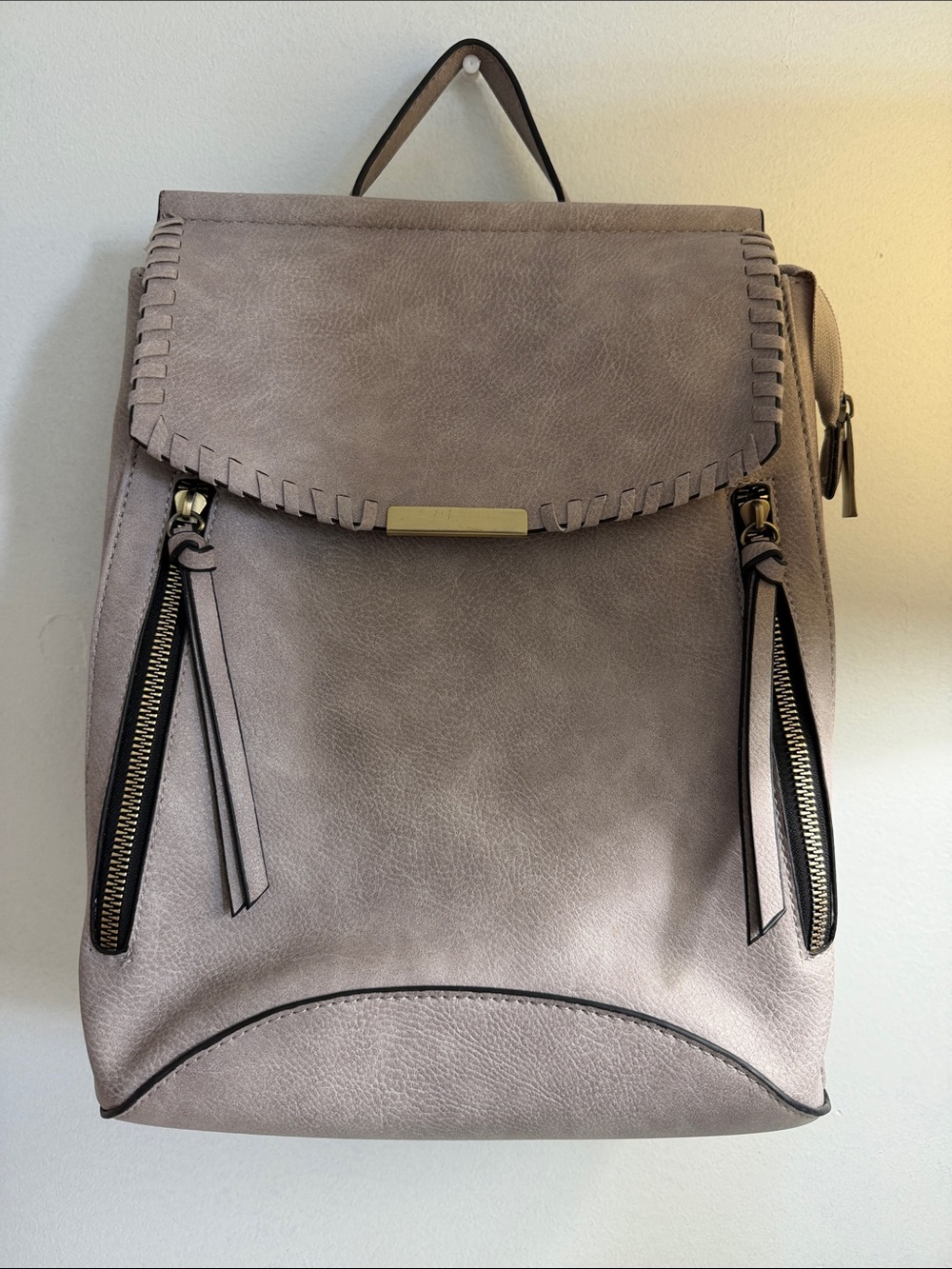 Women's Taupe Faux-Leather Backpack with Whipstitch Detail